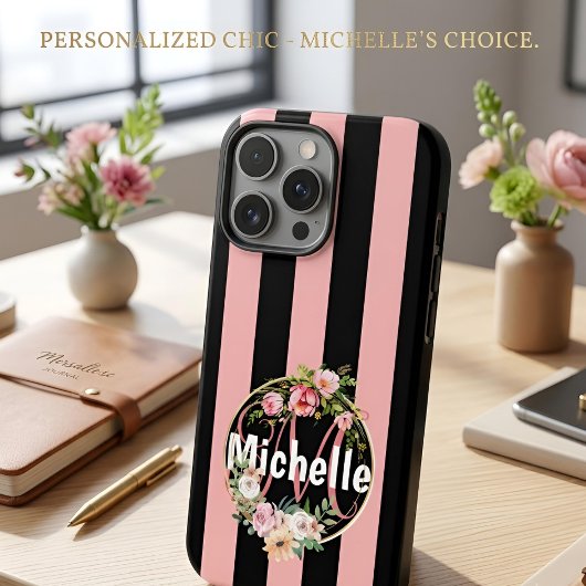 Persoonlijke Zwarte Roze Gestreepte Bloemige Aange Case-Mate iPhone Case