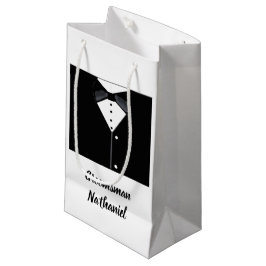 Persoonlijke zwarte smokingcadeautas voor bruidsjo klein cadeauzakje