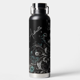 Persoonlijke Zwarte & Turquoise Glitterige Bloemen Waterfles