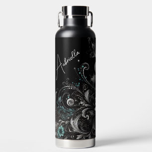 Persoonlijke Zwarte & Turquoise Glitterige Bloemen Waterfles