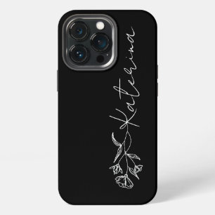 Persoonlijke Zwarte & Witte Bloem Naam iPhone 13 Pro Hoesje