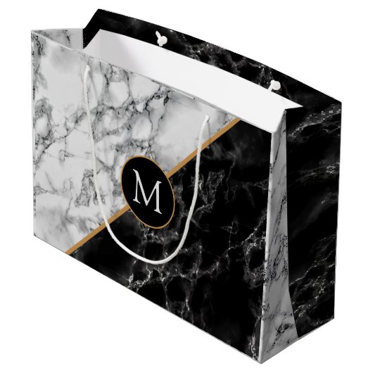 Persoonlijke zwarte witte marmeren monogram cadeau groot cadeauzakje (Achterkant Gekanteld)