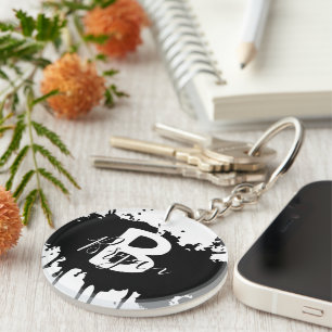 Persoonlijke Zwarte & Witte Monogram Acryl Sleutel Sleutelhanger