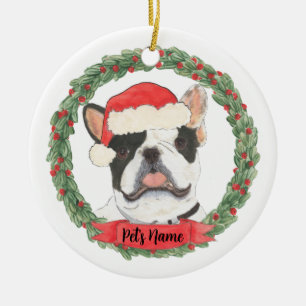 Persoonlijke Zwarte & Witte Pied Frenchie Kerstmis Keramisch Ornament