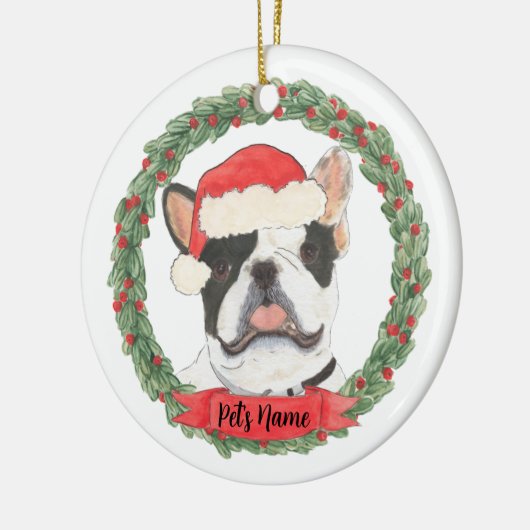 Persoonlijke Zwarte & Witte Pied Frenchie Kerstmis Keramisch Ornament (Links)