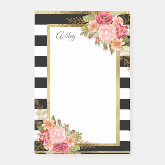 Persoonlijke Zwarte Witte Strepen Roze Gouden Bloe Post-it® Notes (Voorkant)