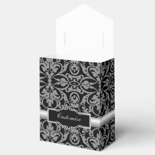 Persoonlijke zwarte & zilveren damasten favorieten bedankdoosjes (Geopend)