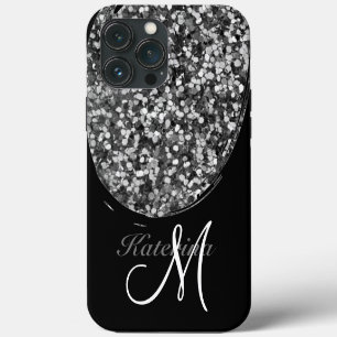 Persoonlijke Zwarte Zilveren Glitter Sparkle Naam iPhone 13 Pro Max Hoesje