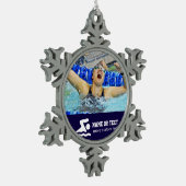 Persoonlijke zwemfoto-zwemmer, kerstnaam tin sneeuwvlok ornament (Links)