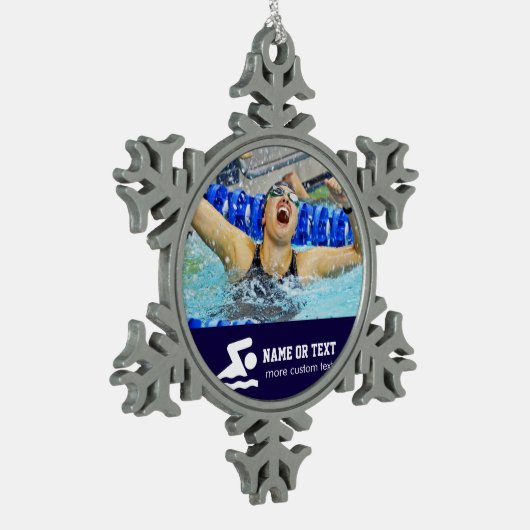 Persoonlijke zwemfoto-zwemmer, kerstnaam tin sneeuwvlok ornament (Links)