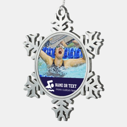 Persoonlijke zwemfoto-zwemmer, kerstnaam tin sneeuwvlok ornament (Rechts)