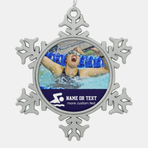 Persoonlijke zwemfoto-zwemmer, kerstnaam tin sneeuwvlok ornament