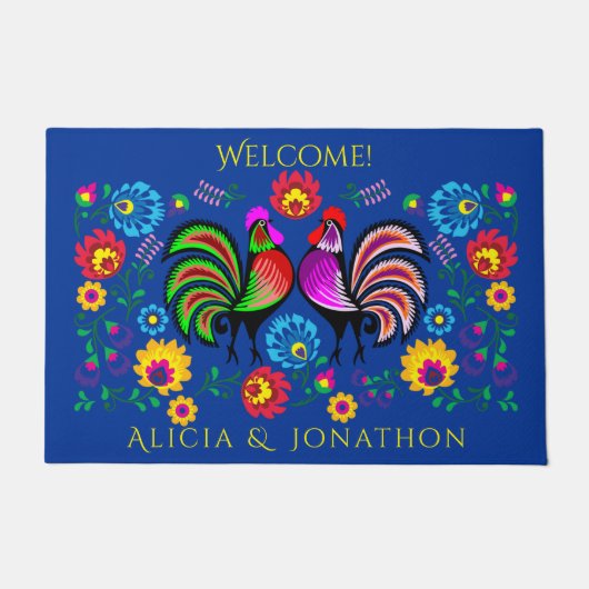 Persoons kleurrijke folk-roosters en -bloemen deurmat (Voorkant)