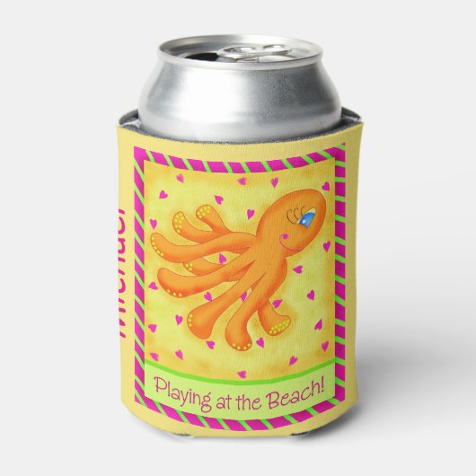 Persoonsgebonden Beach Octopus Yellow Name afspele Blikjeskoeler (Blikje Voorkant)