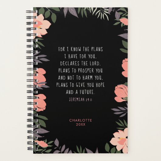 Persoonsgebonden scripts voor peach & Black Floral Planner (Voorkant)