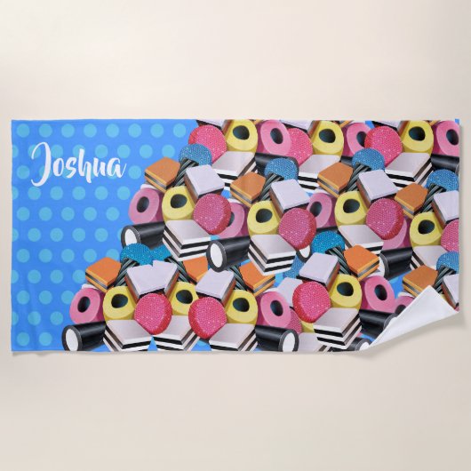 Persoonskelk Snoep Allsorts. Blauwe Polka 2 Strandlaken (Voorkant)