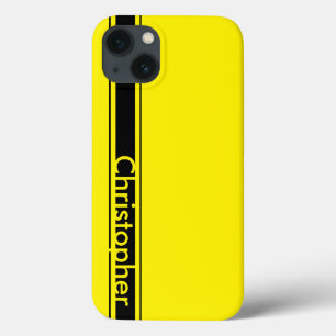 Persoonsnaam Geel en Zwart Racing Stripe iPhone 13 Hoesje