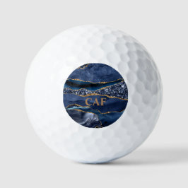 Persoonsnaam in monogram met blauwe goud glinster  golfballen