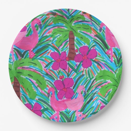 Persplichten en palmbomen papieren bordje (Voorkant)