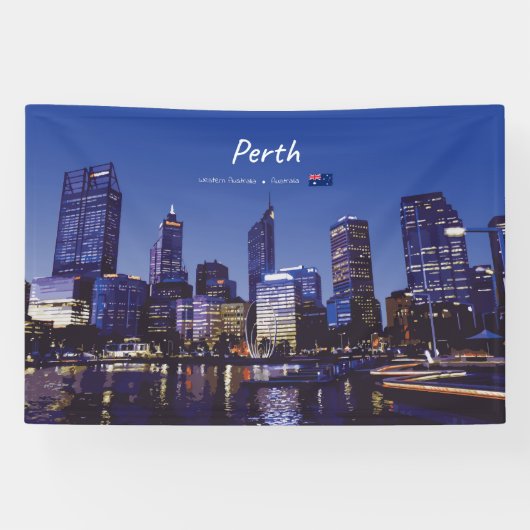 Perth, Australië - Stadsprofiel 's Nachts Spandoek (Horizontaal)