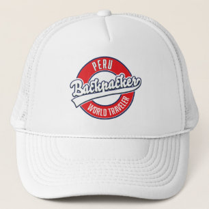 Peru backpacker wereldreiziger logo. trucker pet