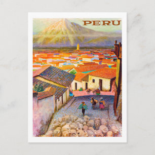 Peru, daken van de stad onder de berg, vintage briefkaart