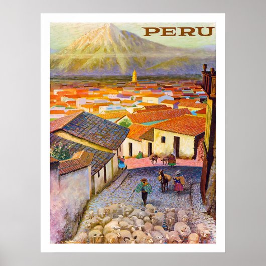 Peru, daken van de stad onder de berg, vintage poster (Voorkant)