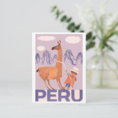 Peru, een jongen met groot lama, oud reizen briefkaart (Staand voorkant)