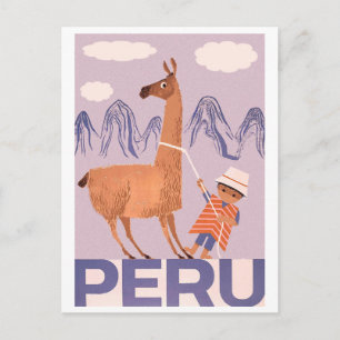 Peru, een jongen met groot lama, oud reizen briefkaart