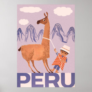 Peru, een jongen met groot lama, oud reizen poster