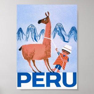 Peru en Llama Retro Vintage Travel Poster
