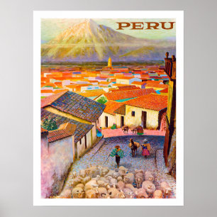 Peru, stadsdaken onder de berg,  poster