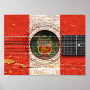 Peruaanse vlag op oude akoestische gitaar poster