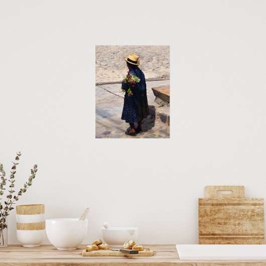 Peruaanse vrouwen Holding Flowers Poster (Keuken)