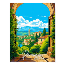 Perugia Italië vintage reisillustratie