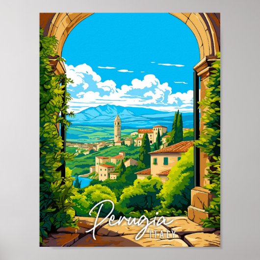 Perugia Italië vintage reisillustratie Poster (Voorkant)