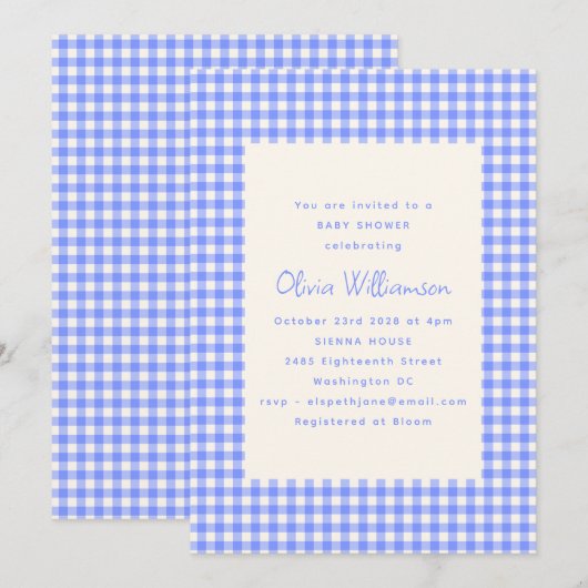  Perwinkle Gingham Plaid Schattige Baby shower Kaart (Voorkant / Achterkant)
