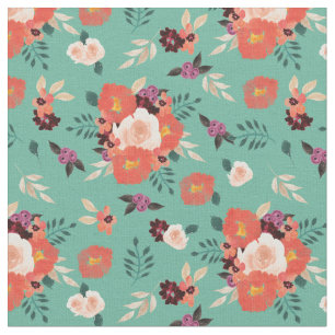 Perzeren Koraalse Waterverf Floral over Blauwgro Stof