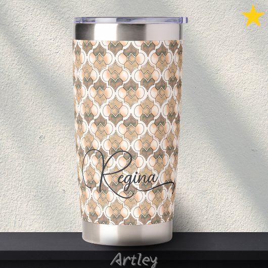 Perzik Aangepaste Naam Aquarel Geometrisch Patroon Geïsoleerde Drinkbeker