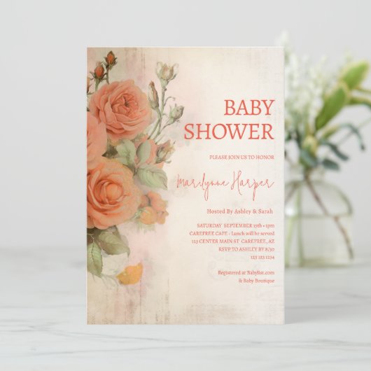 Perzik Abrikozen  Rozen Baby shower Kaart (Staand voorkant)