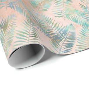 Perzik Aqua Groene Tropische bladeren Cadeaupapier