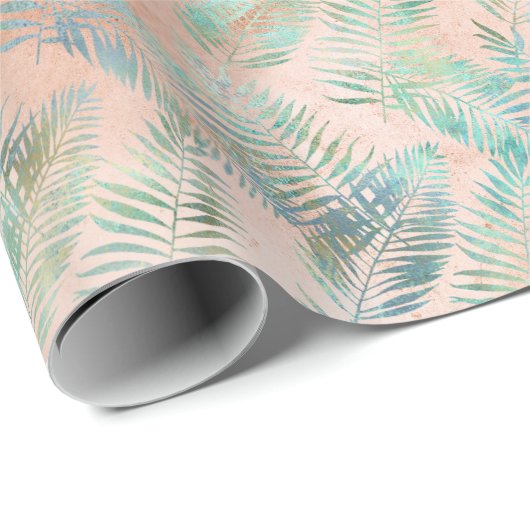 Perzik Aqua Groene Tropische bladeren Cadeaupapier (Rol Hoek)