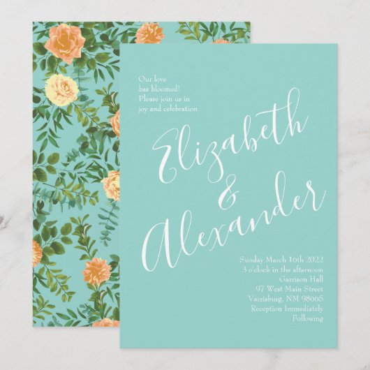 Perzik & Aqua Pioen & Roos Bloemen Bruiloft Kaart (Voorkant / Achterkant)