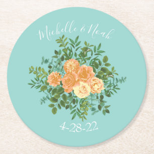 Perzik Aqua Teal Trouwrozen Bloemen Ronde Kartonnen Onderzetter