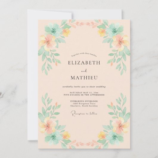 Perzik Aqua Wilde Bloemen Bruiloft Kaart (Voorkant)