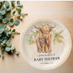 Perzik Aquarel Bloem Hoogland Koe Kalveren Baby  Papieren Bordje