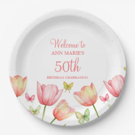 Perzik Aquarel Tulpen Bloemen Papieren Bordje