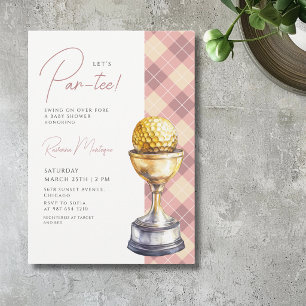 Perzik Argyle Golf Trofee Laat Par-Tee Baby Shower Kaart