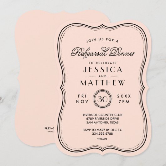 perzik art deco bruiloft repetitie diner kaart (Voorkant / Achterkant)