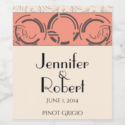 Perzik Art Deco Circles Wijnlabel Wijn Etiket (Enkel label)